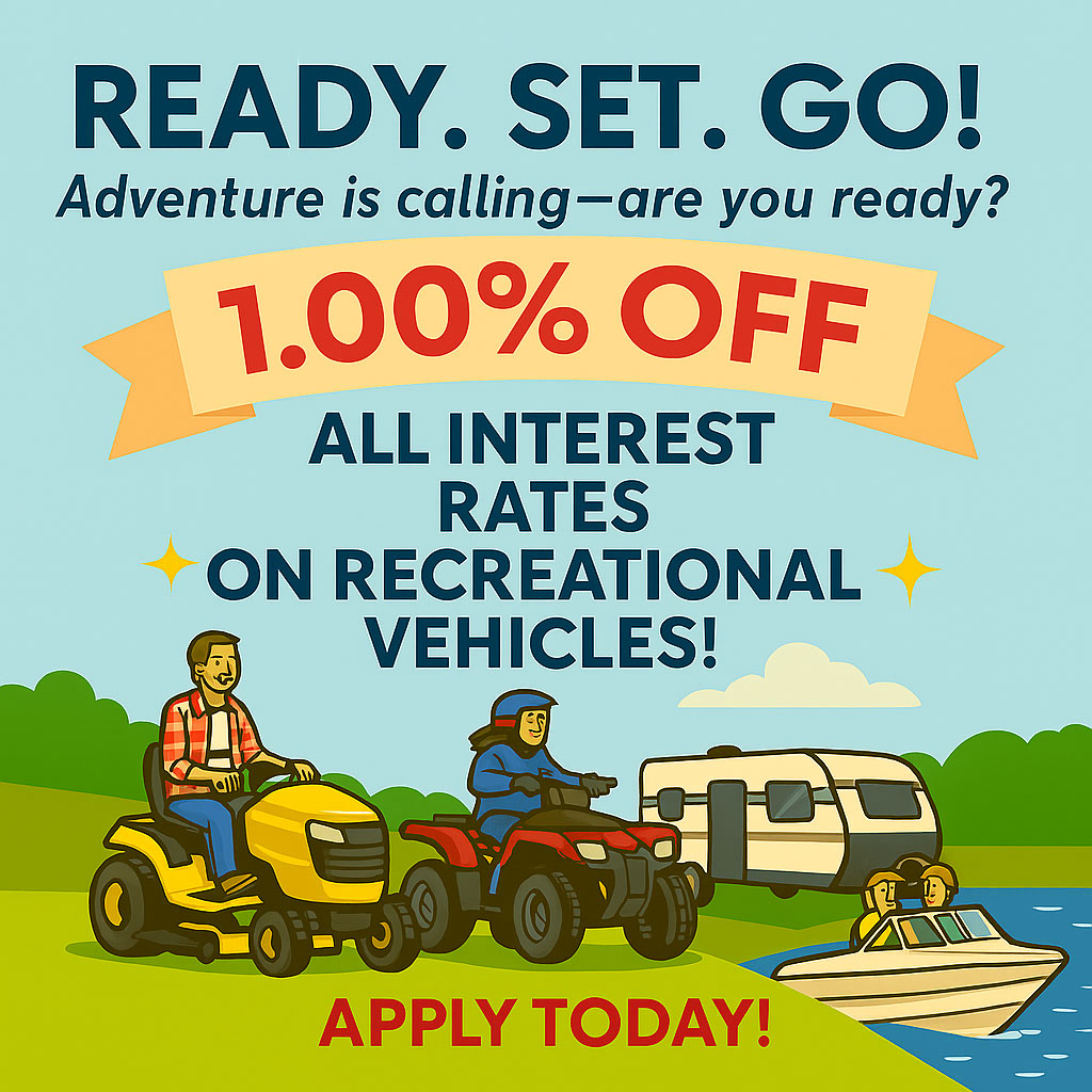 1.00% off all interest rates on recreational vehicles. Apply today!